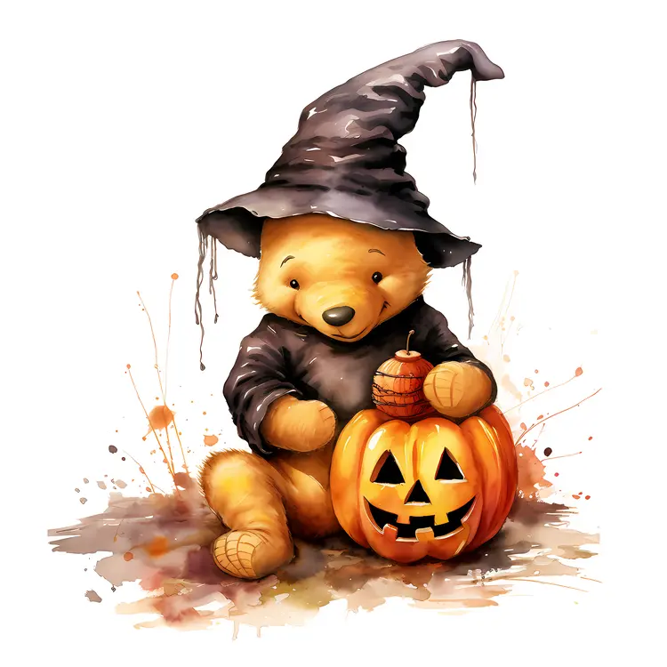 Bear in Witch Hat with Pumpkin