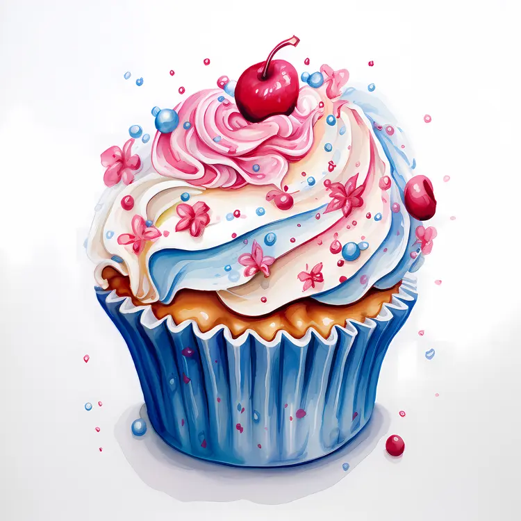 Cupcake with Cherry and Colorful Frosting