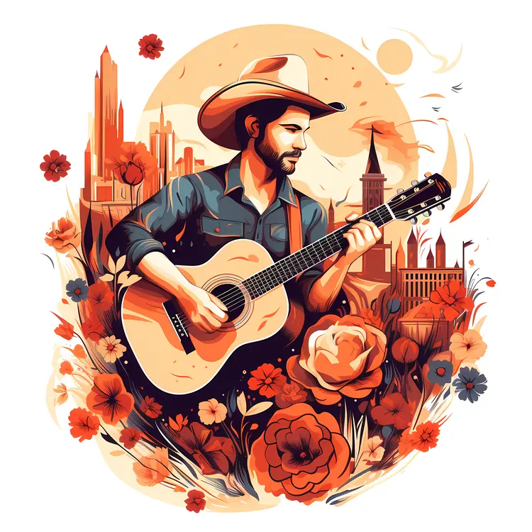 Guitarist Playing Guitar in Floral Cityscape