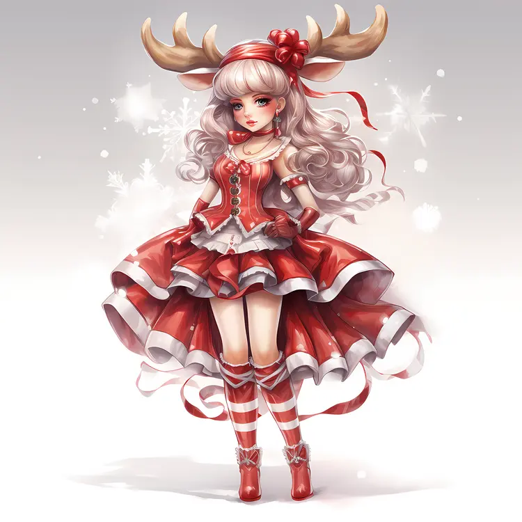 Girl in Layered Christmas Dress with Antlers