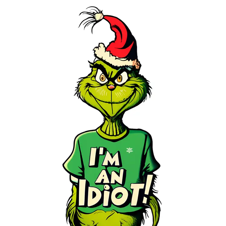 Grinch in Santa Hat with I'm an Idiot Shirt