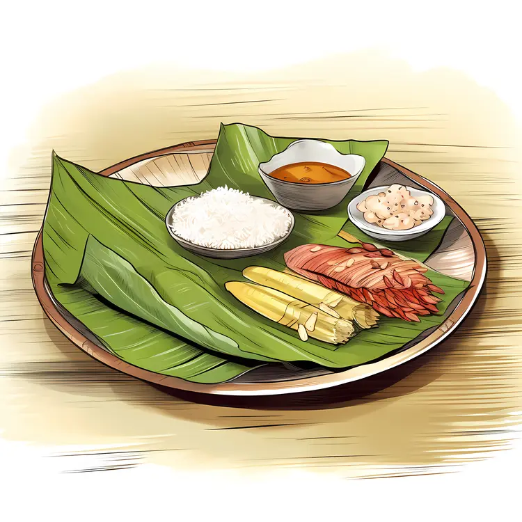 Traditional Meal on Banana Leaf with Rice and Sauce