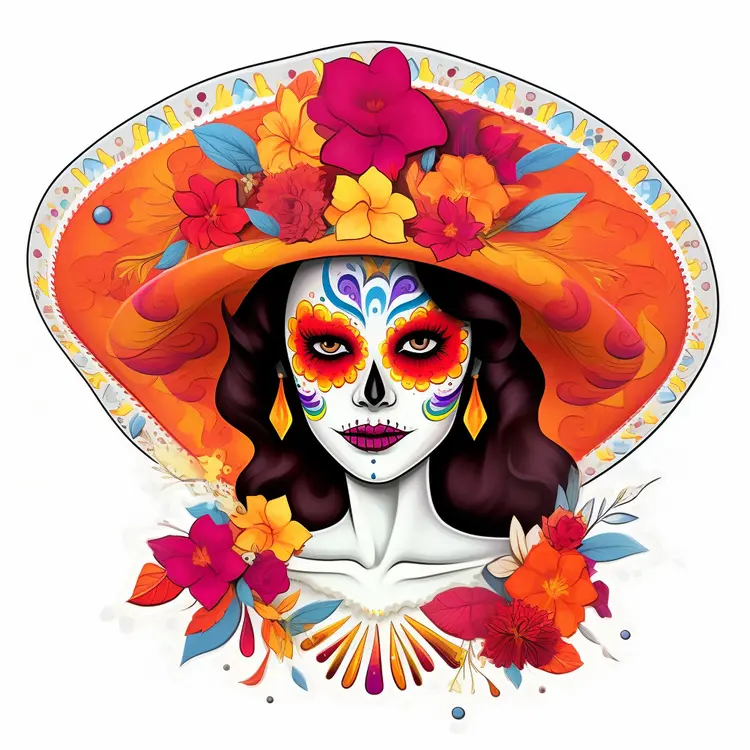 Colorful Sugar Skull with Floral Hat for Day of the Dead Celebration