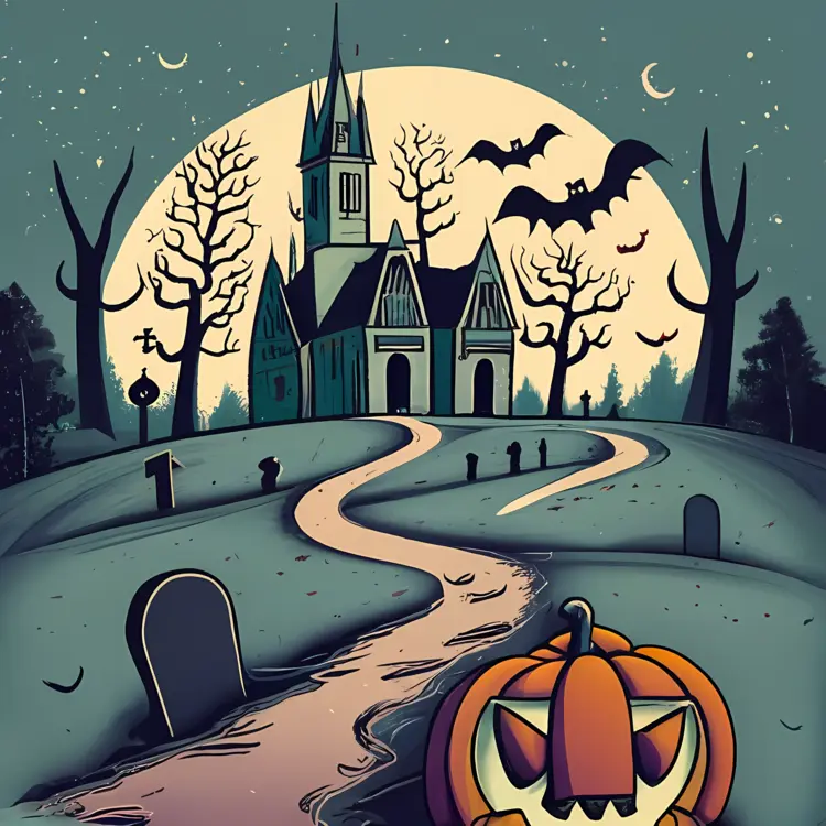 Haunted House with Graveyard and Bats