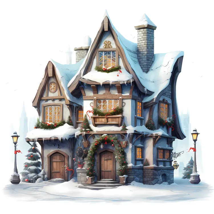 Snowy House with Christmas Decorations