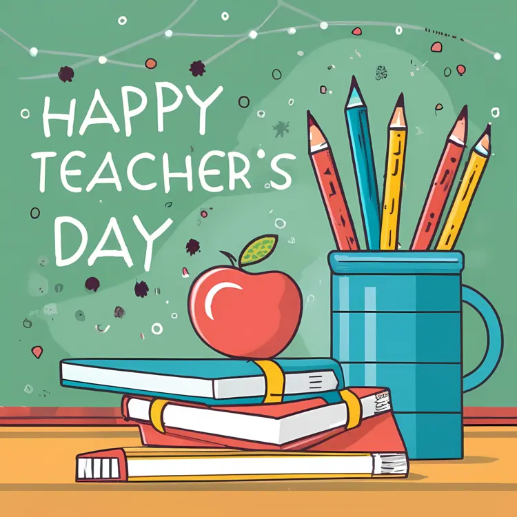 Happy Teacher's Day Text with Pencils and Books