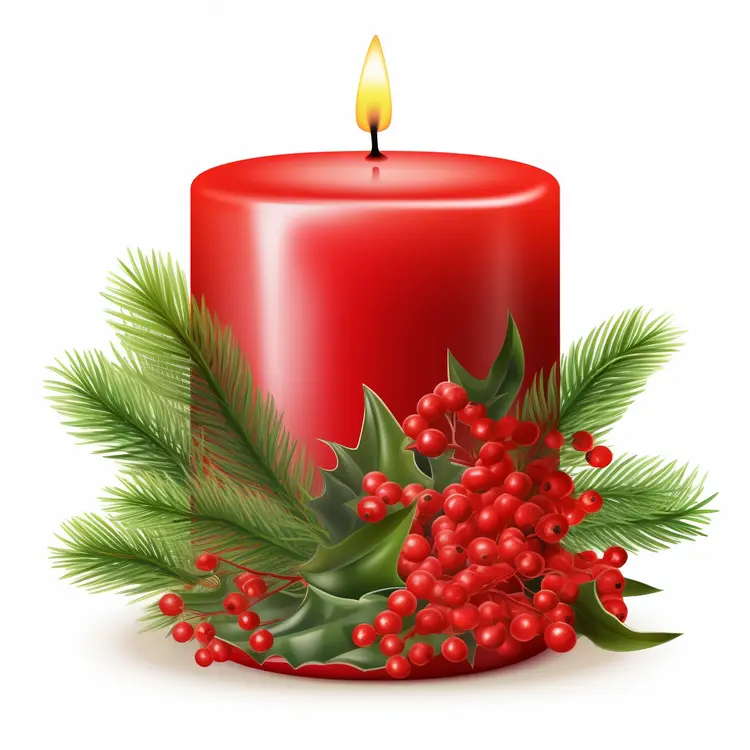Red Candle with Holly and Pinecones