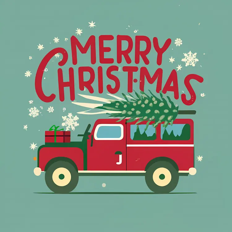 Merry Christmas with Red Truck and Tree