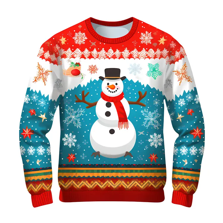 Snowman Sweater with Snowflakes and Red Scarf