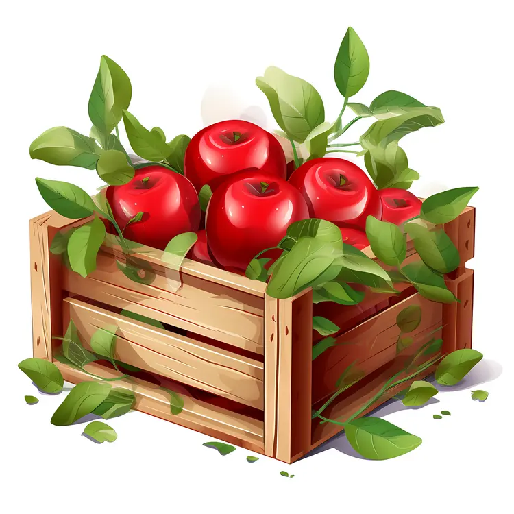 Red Apples in Wooden Crate with Leaves