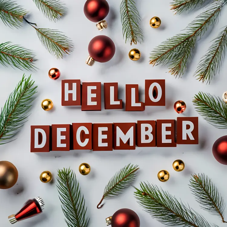 Hello December with Ornaments and Pine Branches