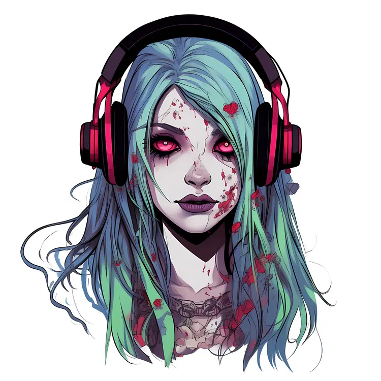 Zombie Girl with Headphones and Blue Hair