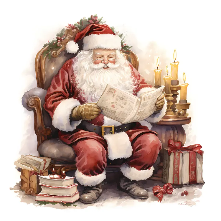 Santa Claus Reading by Candlelight