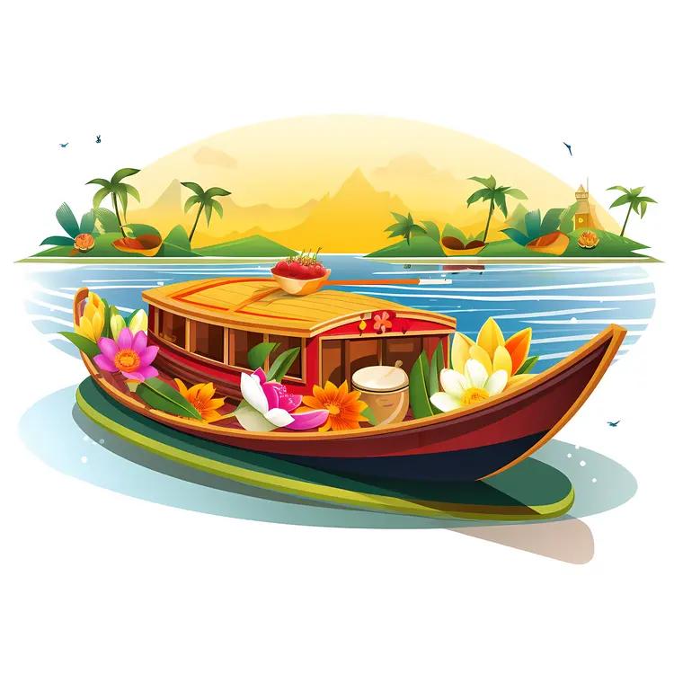 Houseboat with Colorful Flowers on Sunny Day