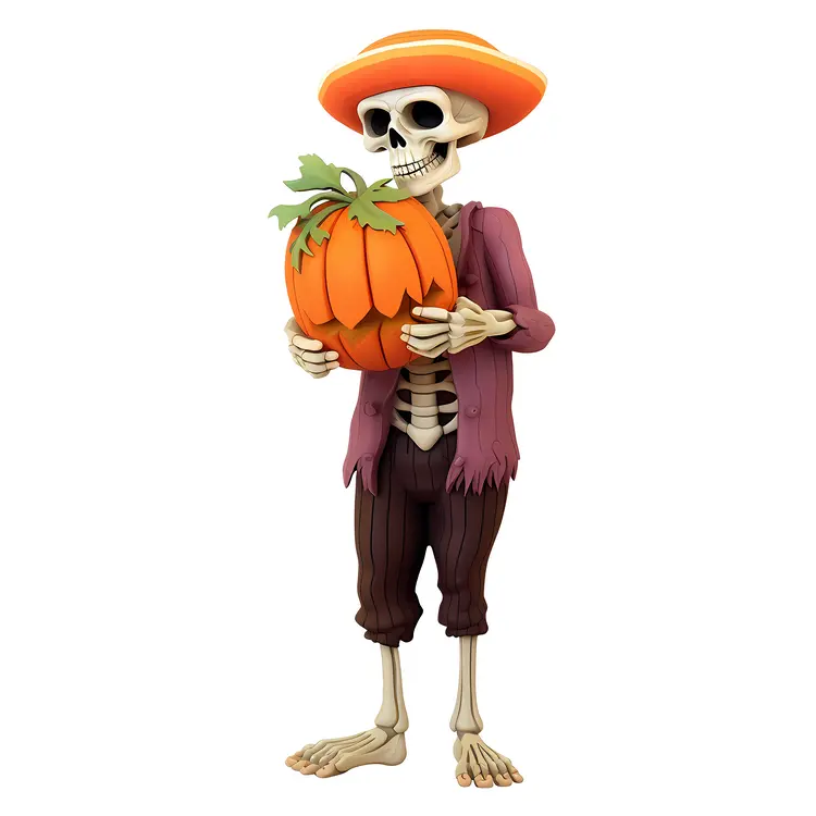Skeleton Holding Pumpkin with Hat