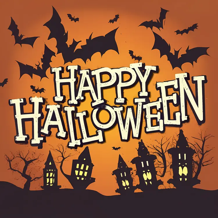 Happy Halloween with Bats and Haunted Houses