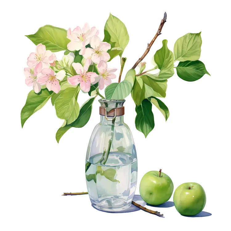 Apple Blossoms in Vase with Green Apples
