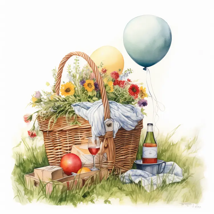 Beautiful Picnic Basket with Flowers and Balloons