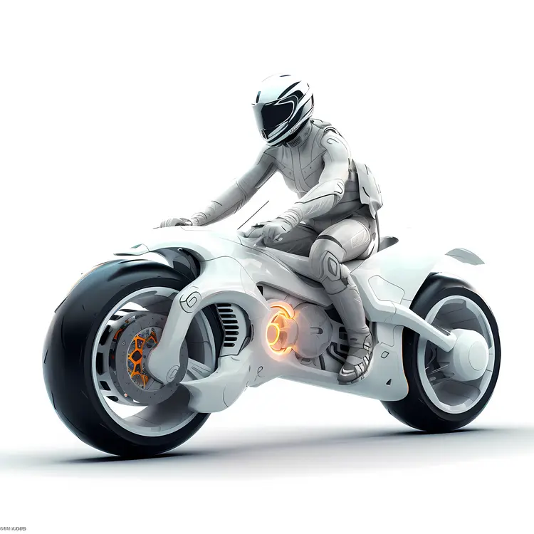 Futuristic White Motorcycle with Rider