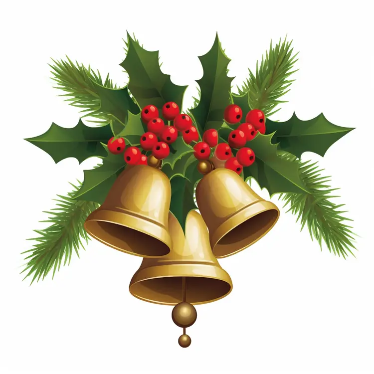 Triple Golden Christmas Bells with Holly and Berries
