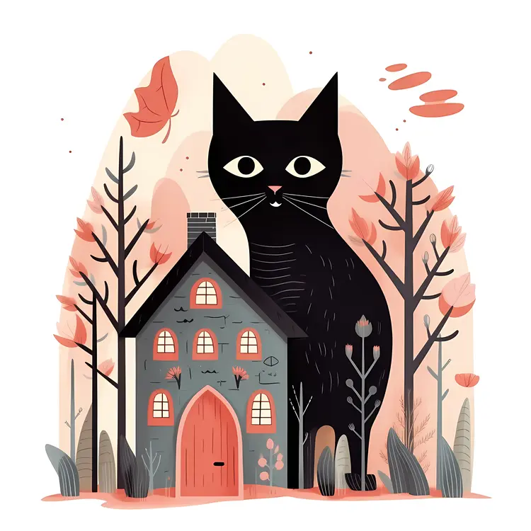 Black cat with a haunted house
