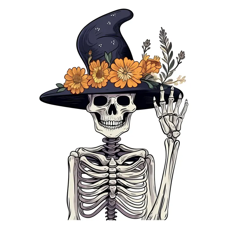 Skeleton with Witch Hat and Flowers for Halloween