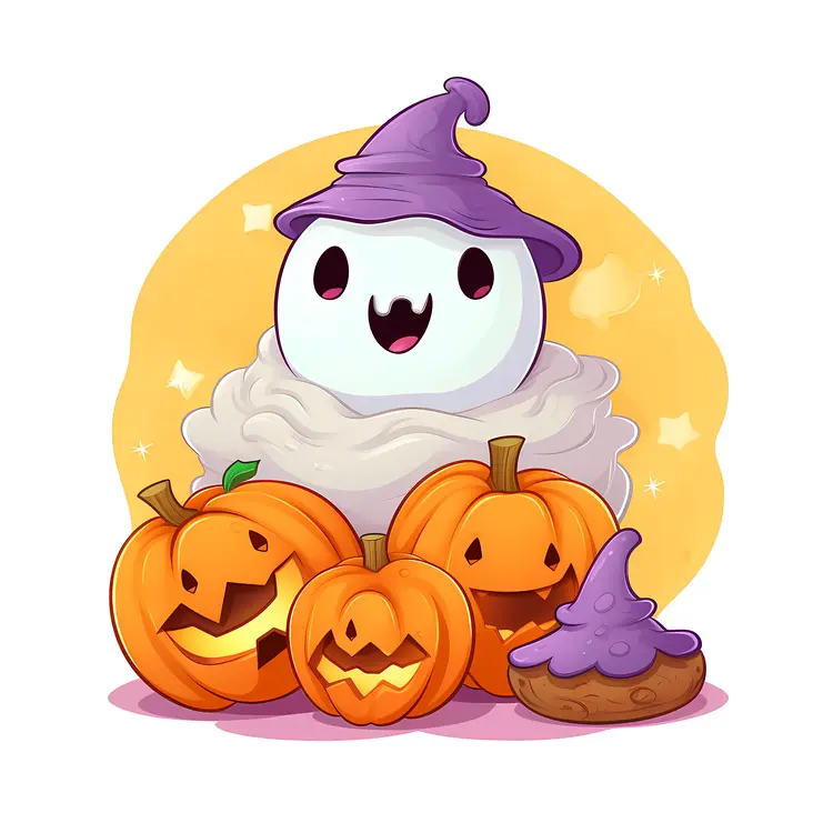 Cute Ghost with Pumpkins