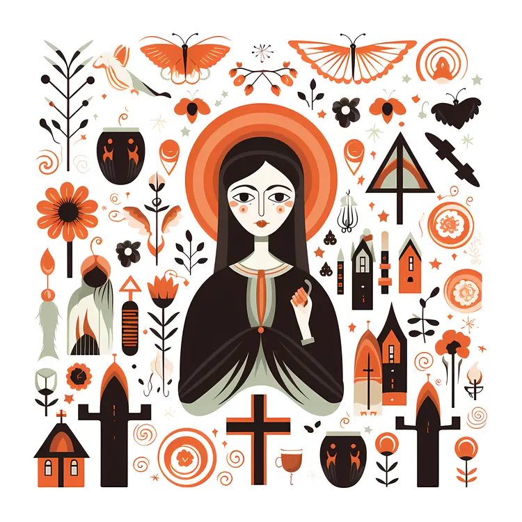 Saint Surrounded by Crosses and Churches