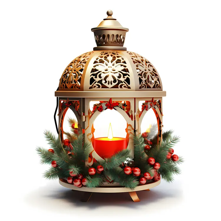 Golden Lantern with Red Candle and Pine Branches