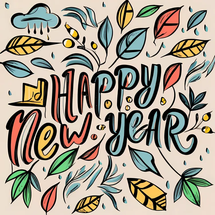 Happy New Year with Leaves and Raindrops