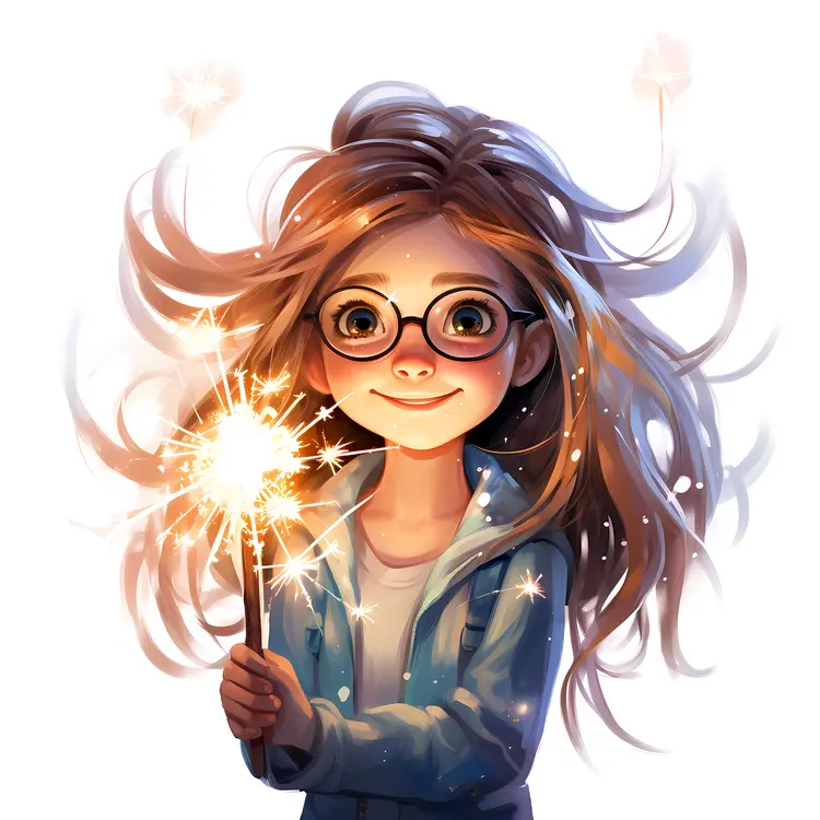Illustration of Girl with Glasses Holding Sparkler