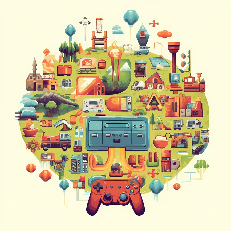 Colorful Game Controller and Gaming World Illustration