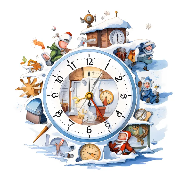 Winter Clock with Elves and Snowy Scene