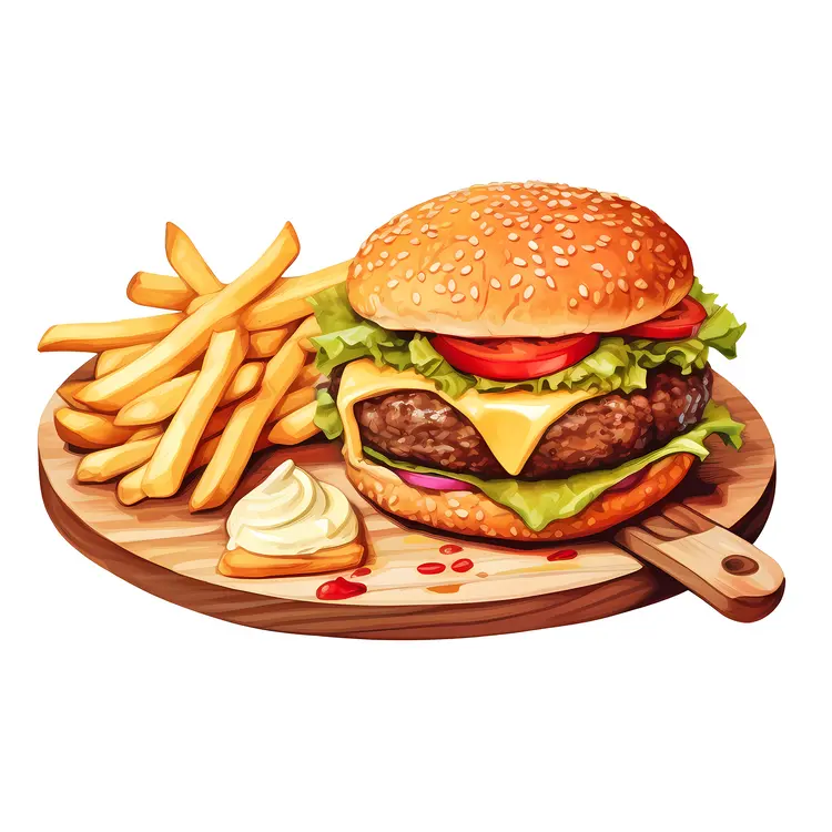 Tasty Cheeseburger with Fries and Sauce