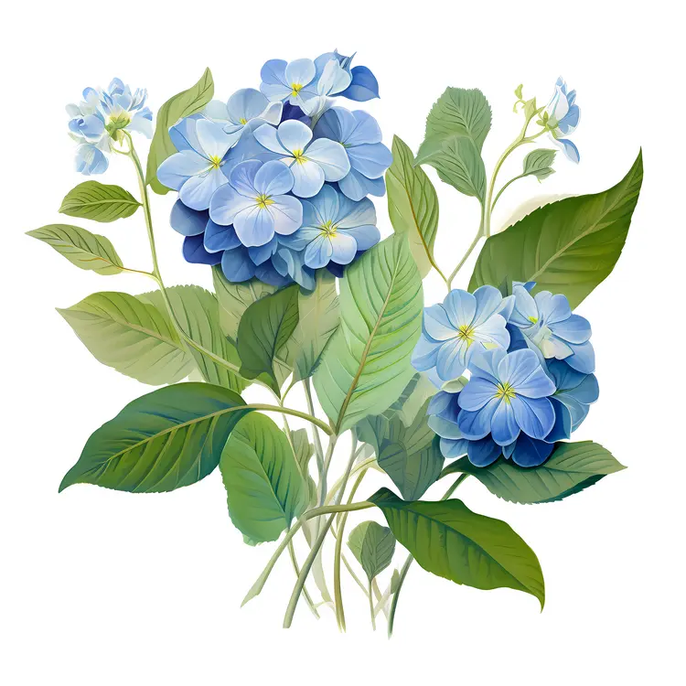 Bouquet of Blue Hydrangeas with Green Leaves