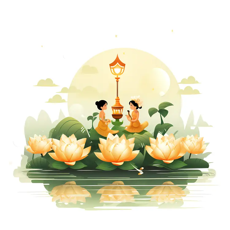 Two People with Lantern and Lotus