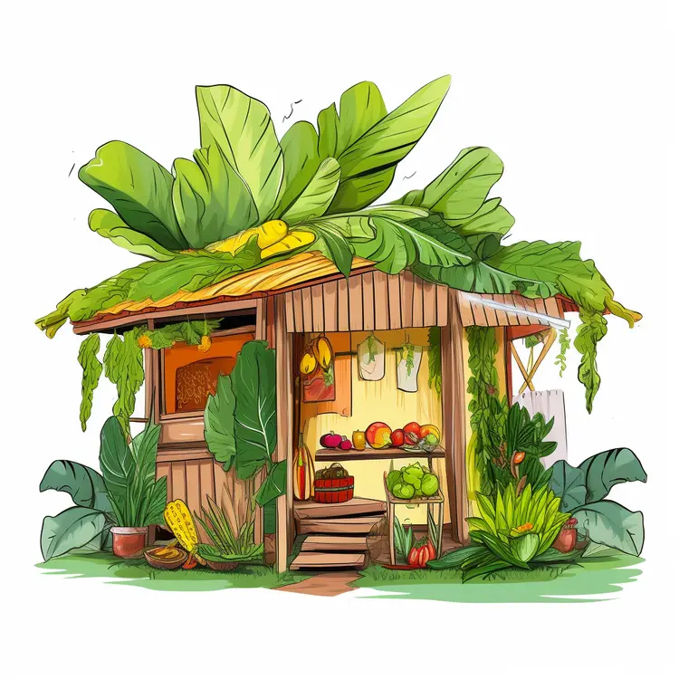 Small Cute Doodle House with Tropical Plants and Fruits