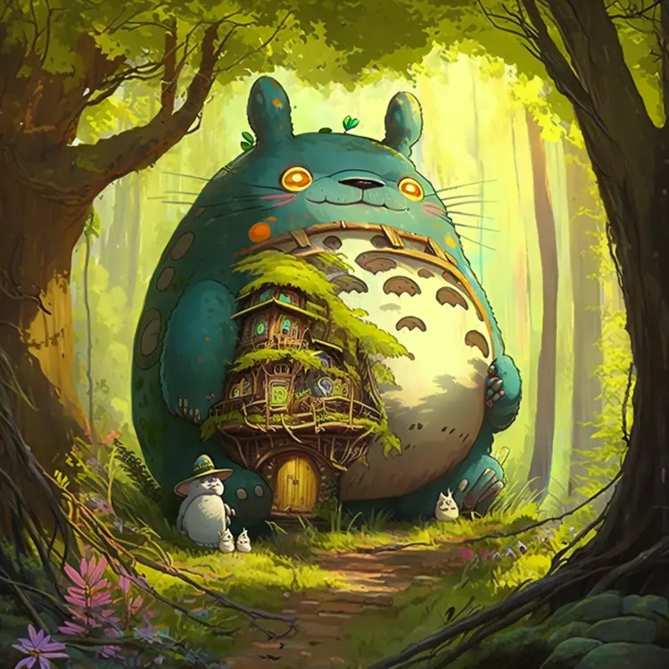 Totoro and Forest House Fantasy Scene