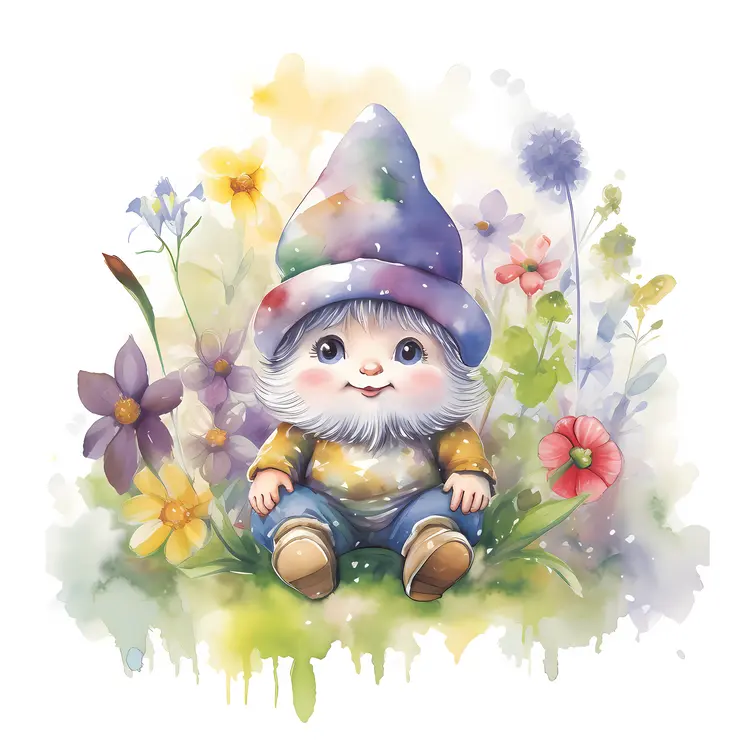 Cute Gnome in a Flower Garden Illustration