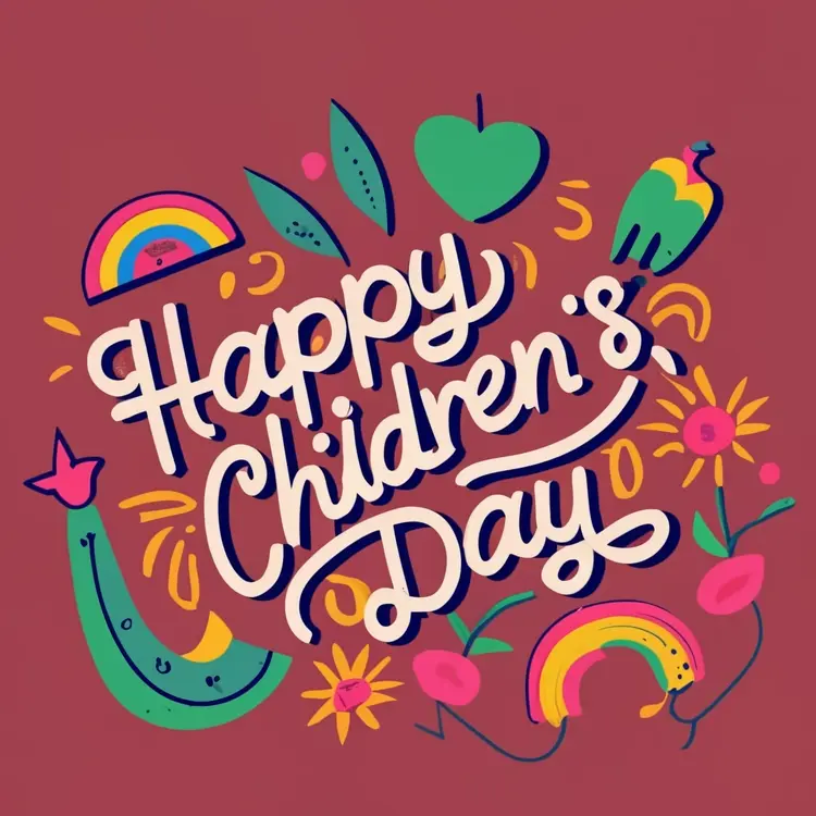 Colorful Happy Children's Day Text with Rainbows and Flowers