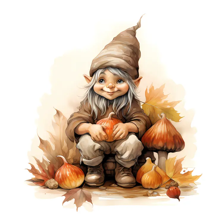 Cute Elf with Pumpkin and Autumn Leaves