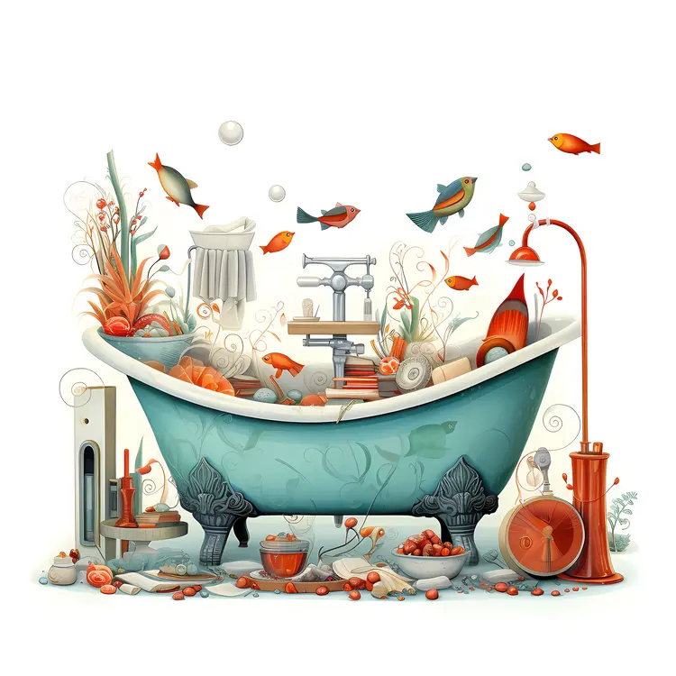 Whimsical Bathtub with Fish and Objects