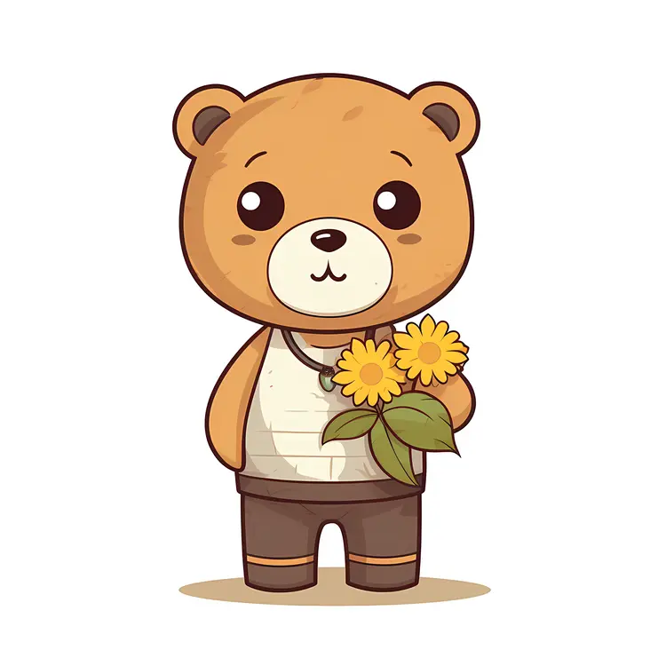 Cute Brown Bear Holding Sunflowers