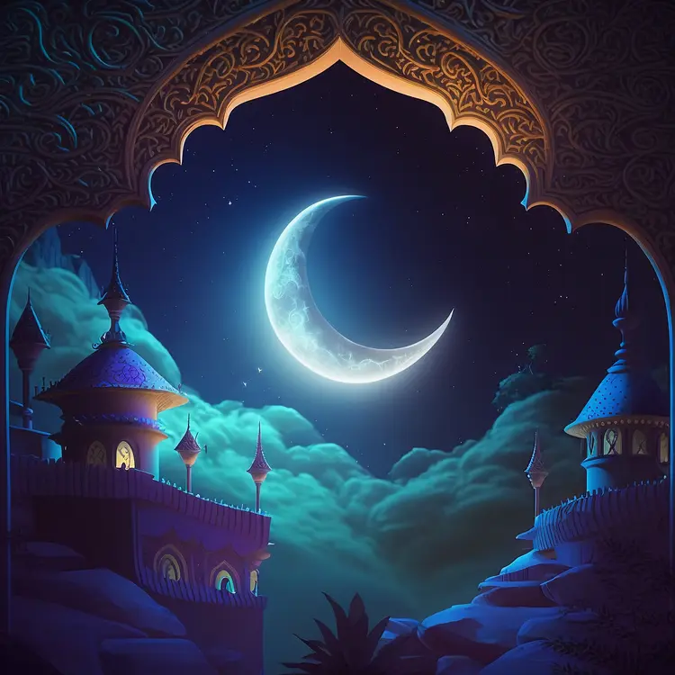 Crescent Moon Over Night Sky with Islamic Architecture