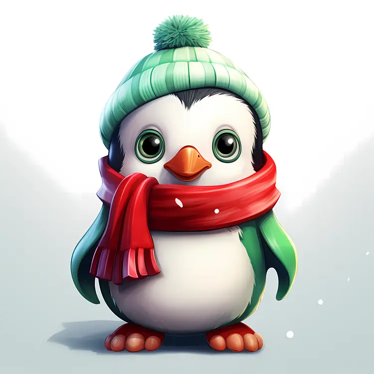Adorable Penguin with Green Hat and Red Scarf