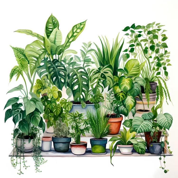 Lush Green Potted Plants on Shelves