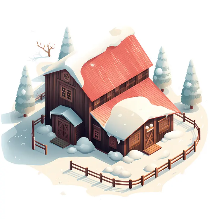 Barn with Red Roof in Snowy Setting