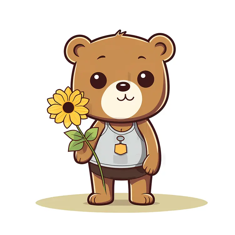 Cute Cartoon Bear Holding a Sunflower