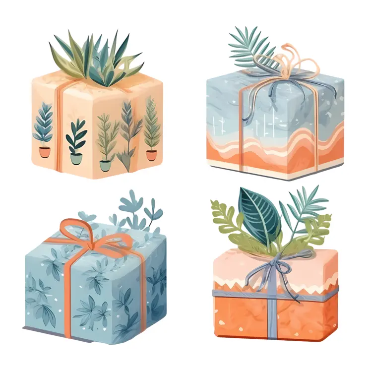 Beautiful Gift Boxes with Plants and Ribbons
