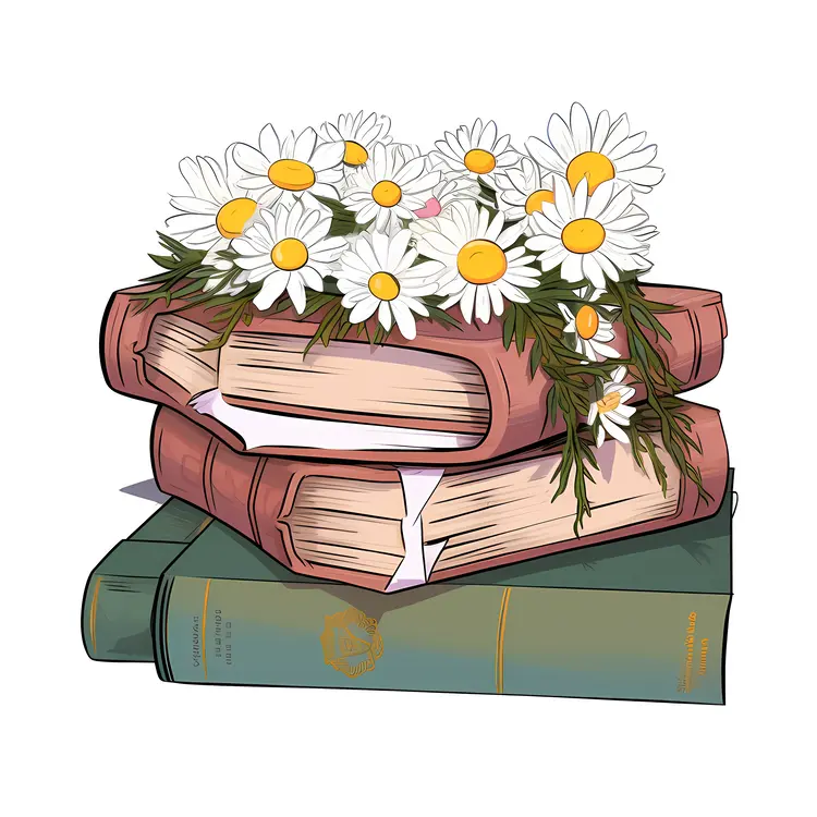 Vintage Books with Daisies Illustration